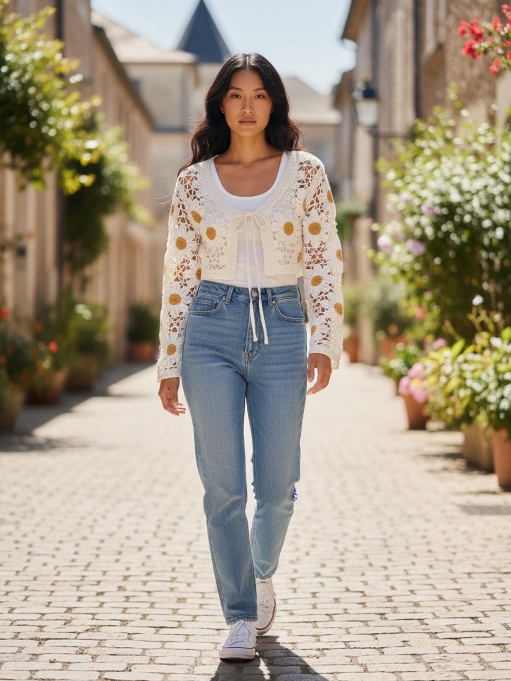 moon & madison White Crochet Tie-Front Cardigan with Gold Floral Accents size XS